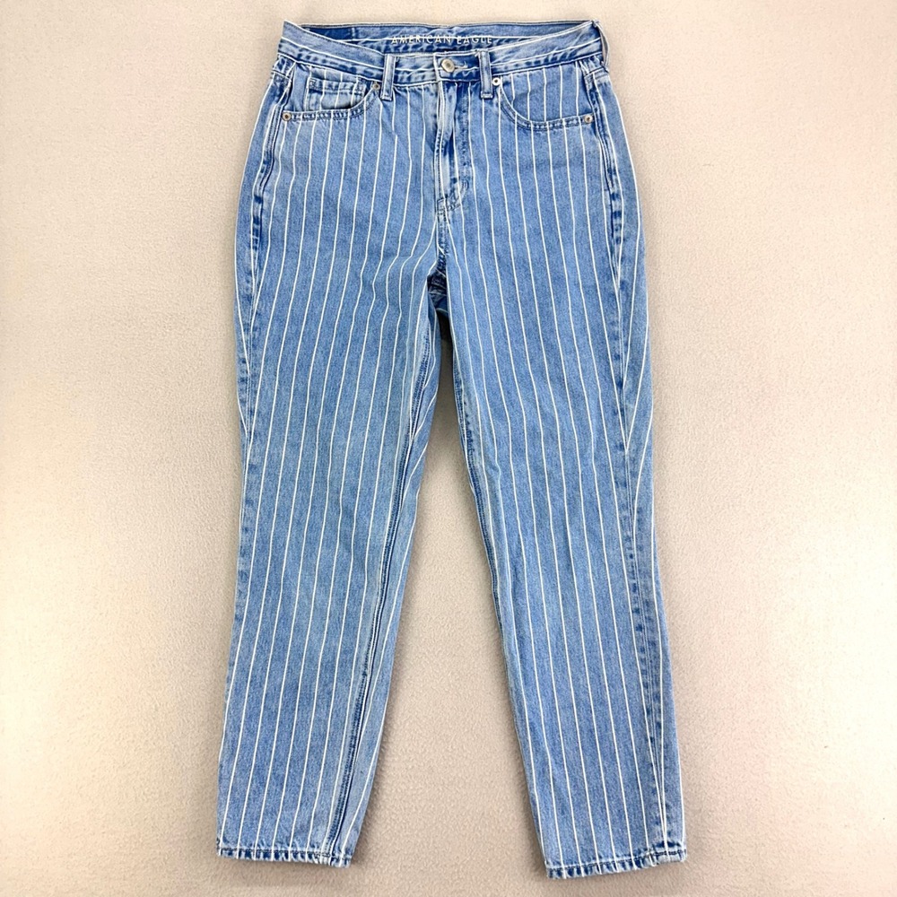 American Eagle Jeans Womens 2 Short Mom Jean High Rise Tapered‎ Leg Blue Striped